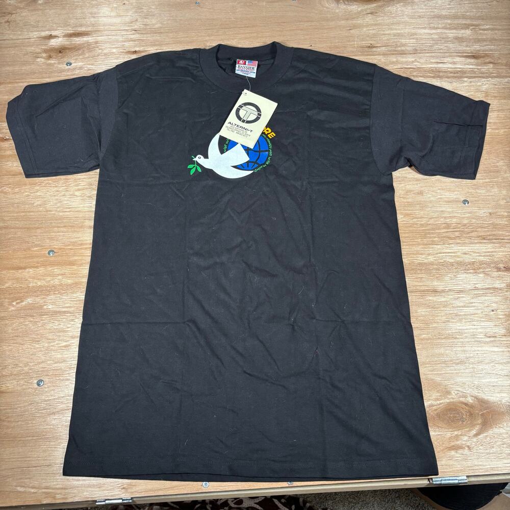 Bayside Mens Heavy Weight Peace Dove Globe Graphic‎ T-Shirt Black Large USA Made